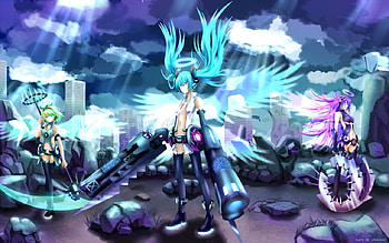 Angel of Vocaloids, purple hair, sunlight, angel, vocaloid, miku hatsune, destory, music, vocaloids, twintails, thighhighs, ruins, kagamine rin, megurine luka, blonde hair, gun, cloud, sexy, post-apocalyptic, hot, skyscraper, weapons, angel wings, dark, war, rock, cool, fighter, green hair, sky, light wings, head HD wallpaper