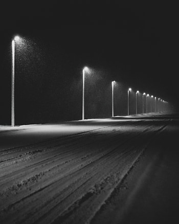 Night, Snow, Lights, Dark, Road, Lanterns HD phone wallpaper