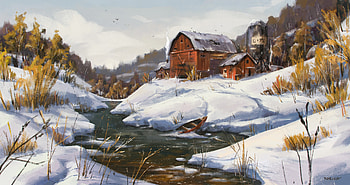 Winter, Rivers, Art, Small House, Lodge, Boat HD wallpaper