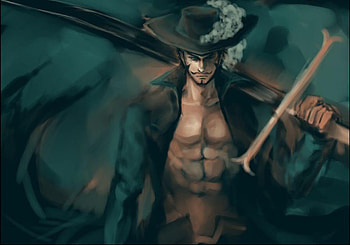 Dracule Mihawk, sword, pirate, one piece, mihawk dracule, anime, mihawk, weapon, beard, trench coat, green background, male, hat HD wallpaper