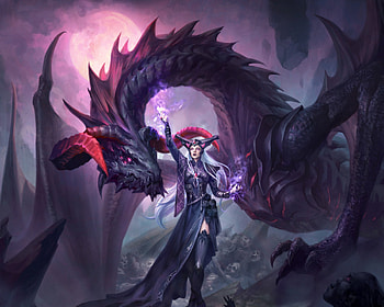 Necromancer, blue, purple, fantasy, livia prima, dragon, dopaprime, girl HD wallpaper