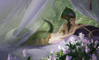 Cassiopeia, snake, corn zhang, fantasy, art, green, lol, girl HD wallpaper