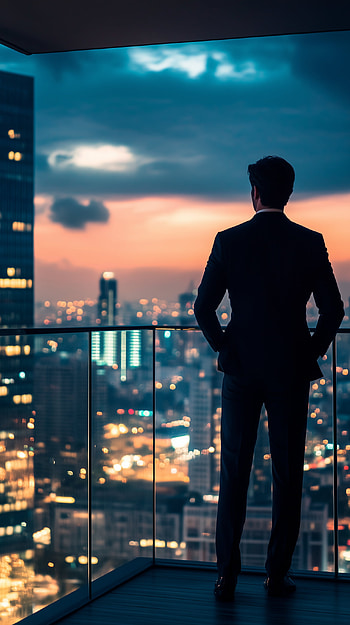 Cityscape Vision: Billionaire's Balcony View, man, suit, balcony HD phone wallpaper