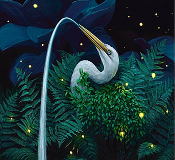 :), night, bird, art, stars, surreal, fantasy, yellow, green, leaf, giant, water, jon chng, pasari HD wallpaper