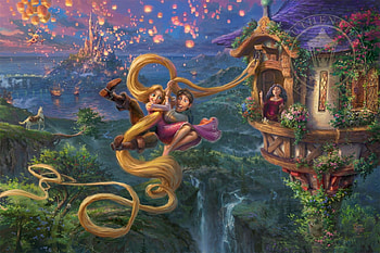 Tangled up in love, fantasy, thomas kinkade, art, tower, couple, disney, rapunzel, tangled, painting, pictura HD wallpaper