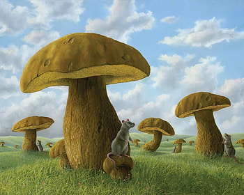 Mouse and mushrooms, robert bissell, painting, art, mouse, pictura, mushroom HD wallpaper