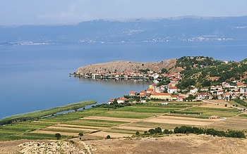 Coast of Lake in Albania, town, coast, fields, Albania, village, lake HD wallpaper