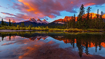 Three Sisters Mountains, Alberta, clouds, trees, sky, canada, water, lake, reflections, sunset HD wallpaper
