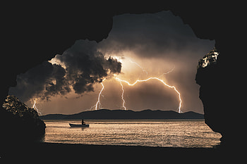 Landscape Storm Rays Sea Clouds Cave Fantasy , storm, landscape, clouds, cave, boat HD wallpaper