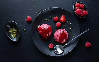 Ice Cream, black, spoon, raspberries HD wallpaper