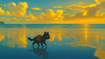 Black Cat Walking On Beach At Sunset, black-cat, cat, sea, clouds, ocean, artist, artwork, art, digital-art, pixiv HD wallpaper