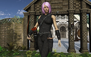 Walking Out, leaving, town, archer, pillars, woman, bow HD wallpaper
