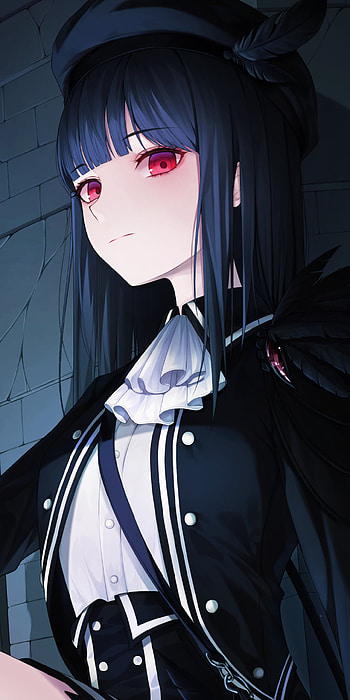 Midnight Raven: Crimson-Eyed Anime Girl, red eyes, black hair, Anime, girl, anime girl HD phone wallpaper