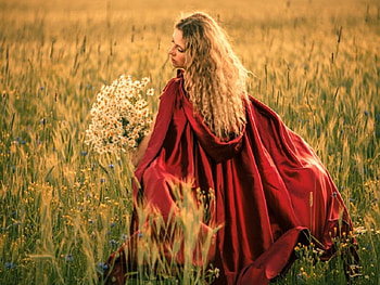 Enchanting Summer, bouquet, field, women, flowers, red cape, beauty HD wallpaper