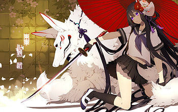 Beauty Katana, blue, umbrella, black, rred, shoes, mask, uniform, cute, shirt, beauty, lady, female, skirt, sweet, white, art, sword, girl, beautiful, foc, woman, anime, pretty, green, red, flowers, katana, lovely HD wallpaper