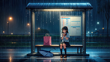 The Last Bus Never Came, anime-girl, alone, rain, bus, stop, artwork, art, digital-art, artist, ai, deviantart HD wallpaper
