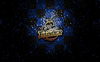 Wichita Thunder, glitter logo, ECHL, blue black checkered background, hockey, american hockey team, Wichita Thunder logo, mosaic art HD wallpaper