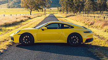 Yellow, Porsche, Porsche 911, Carrera, GTS, 2022, Car, Road, Nature, Background 2 Cars HD wallpaper