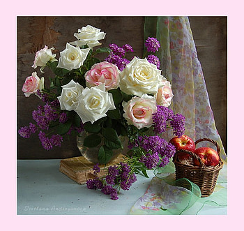 still life, bouquet, gentle, graphy, nice, basket, rose, flower, fruit, , roses, vase, beautiful, old, book, cool, apple, flowers, harmony HD wallpaper