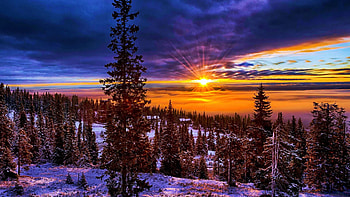 Winter Sunset in Norway, sun, snow, colors, clouds, landscape, trees, sky HD wallpaper