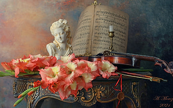 Gladiolus Still Life, still life, candle, gladioli, bust, music sheet, violin HD wallpaper