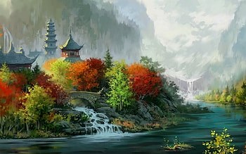 Autumn, blue, asian, temple, orange, tree, fantasy, green, luminos, water HD wallpaper