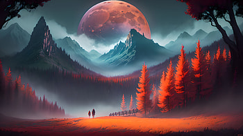 Red Moon, AI Art, mountain, red, fantasy, moon HD wallpaper