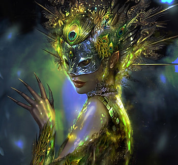 :), blue, feather, mask, fantasy, art, shyguyz, girl, peacock, luminos HD wallpaper