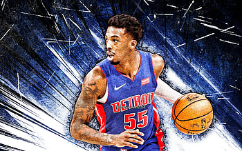 Delon Wright, grunge art, Detroit Pistons, NBA, basketball, Delon Reginald Wright, Delon Wright Detroit Pistons, blue abstract rays, Delon Wright HD wallpaper