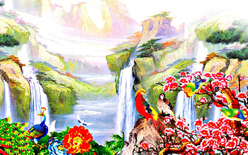 Beautiful waterfalls, waterfalls, flowers, birds, painting HD wallpaper