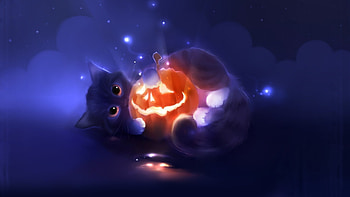 Halloween fun, pisici, fantasy, pumpkin, cat, orange, kitten, blue, halloween, apofiss, luminos HD wallpaper