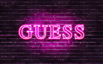 Guess purple logo, , purple brickwall, Guess logo, brands, Guess neon logo, Guess HD wallpaper