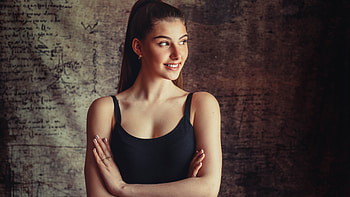 Smiling, Black, Top, Girl, Model, Women, Beautiful, Brunette, Wall, Background Girls HD wallpaper