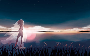 Forever alone, night, awesome, cute, stars, dress, beauty, nice, water, female, sunset, sweet, magic, short ahir, landscape, beautiful, anime girl, anime, fantasy, pretty, cool, clouds, nature, sky, bride, dream HD wallpaper