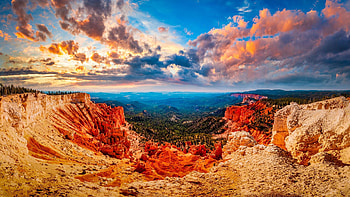Panorama of Bryce Canyon National Park in Utah, clouds, landscape, sky, rocks, sunset, usa, mountaons HD wallpaper