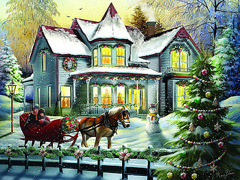 Winter ride, winter, art, fun, house, eve, beautiful, tree, rise, horses, sleigh, decoration, holiday, painting, christmas, snow, joy HD wallpaper