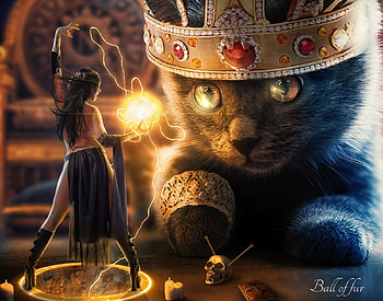 Ball of fur, crown, pisici, jerome brack, fantasy, cat, girl, mini, giant HD wallpaper
