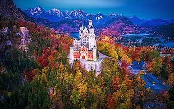 Neuschwanstein Castle, Bavarian Alps, landscape, autumn, trees, alps HD wallpaper