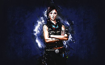 Iris Tanner, Cyberpunk 2077, blue stone background, Cyberpunk 2077 Characters, Iris Tanner Cyberpunk, Iris Tanner character HD wallpaper