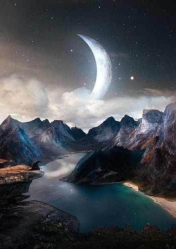 Landscape, Rivers, Mountains, Moon, Rocks, Miscellanea, Miscellaneous, Human, Person, Fantastic HD phone wallpaper