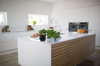 Spacious, light-filled kitchen with modern design and fresh herbs on the counter. HD wallpaper