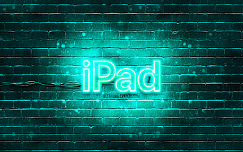 IPad turquoise logo, , turquoise brickwall, IPad logo, Apple iPad, brands, IPad neon logo, IPad HD wallpaper