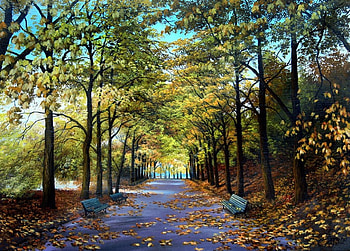 A.Bylich. Morning in the Park, bench, art, painting, park HD wallpaper