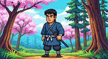Samurai Pixel Art, pixel art, samurai, cherry blossom, forest HD wallpaper