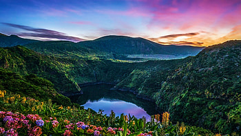 Lake Comprida, Flores Island, Azores, Portugal, island, hills, colors, landscape, flowers, sky, mountains, pond HD wallpaper