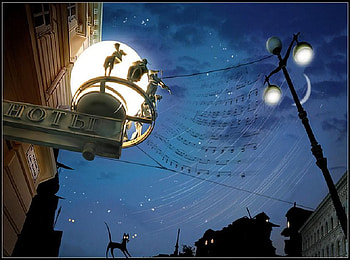 symphony on the wind, lamppost, shadows, notes, music, light, hotel, cat, figures HD wallpaper