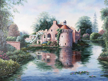 Scotney Reflections, reflection, water lilies, bushes, trees, flowers, castle, water HD wallpaper
