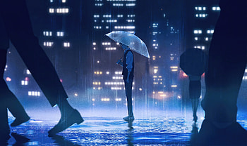 Gentle Rain Alone With Thoughts, alone, umbrella, boy, artist, artwork, digital-art, anime HD wallpaper