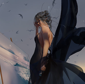 Breeze, girl, art, wlop, wind, black, fantasy HD wallpaper