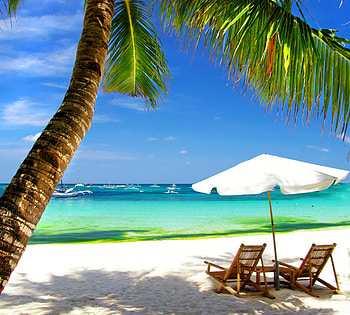 Vacation Time, blue, sunshine, lounge, sea, palms, umbrella, sand, tropical, paradise, beach, summer, emerald, sky, ocean HD wallpaper